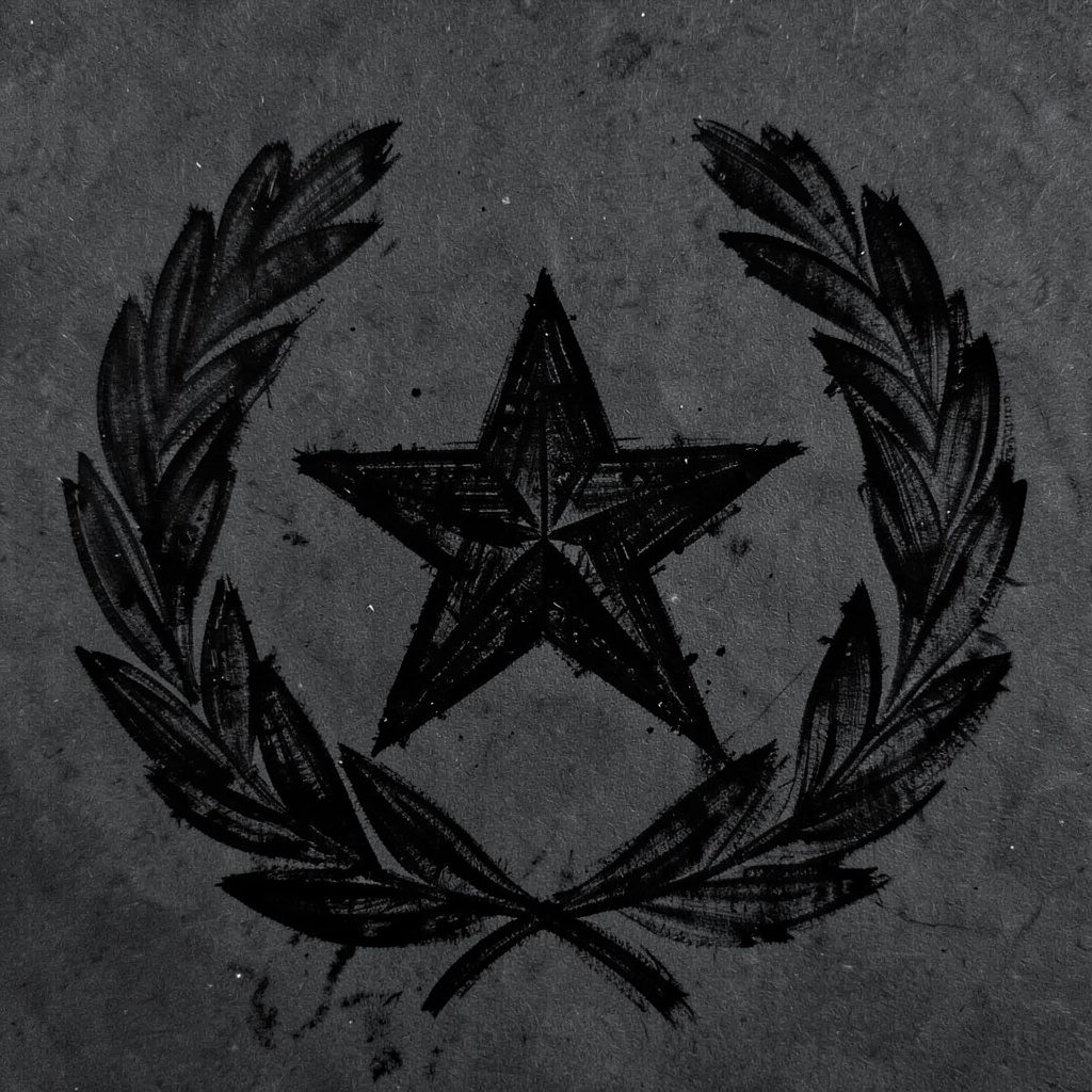 A bold charcoal emblem of a five-pointed star inside a laurel wreath, drawn with thick gestural strokes on a dark ground.