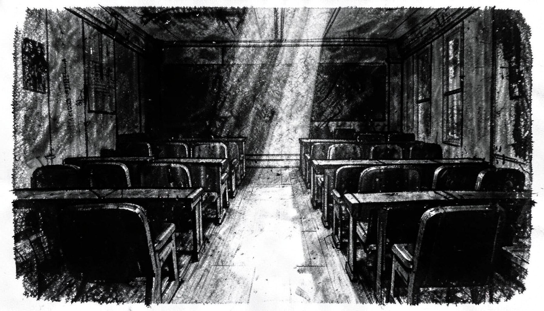 Dark atmospheric charcoal drawing of a lecture hall interior with rows of empty seats, deep shadows pooling in corners, and a single shaft of light falling across the center aisle, rendered in heavy black strokes and smudged grey midtones.
