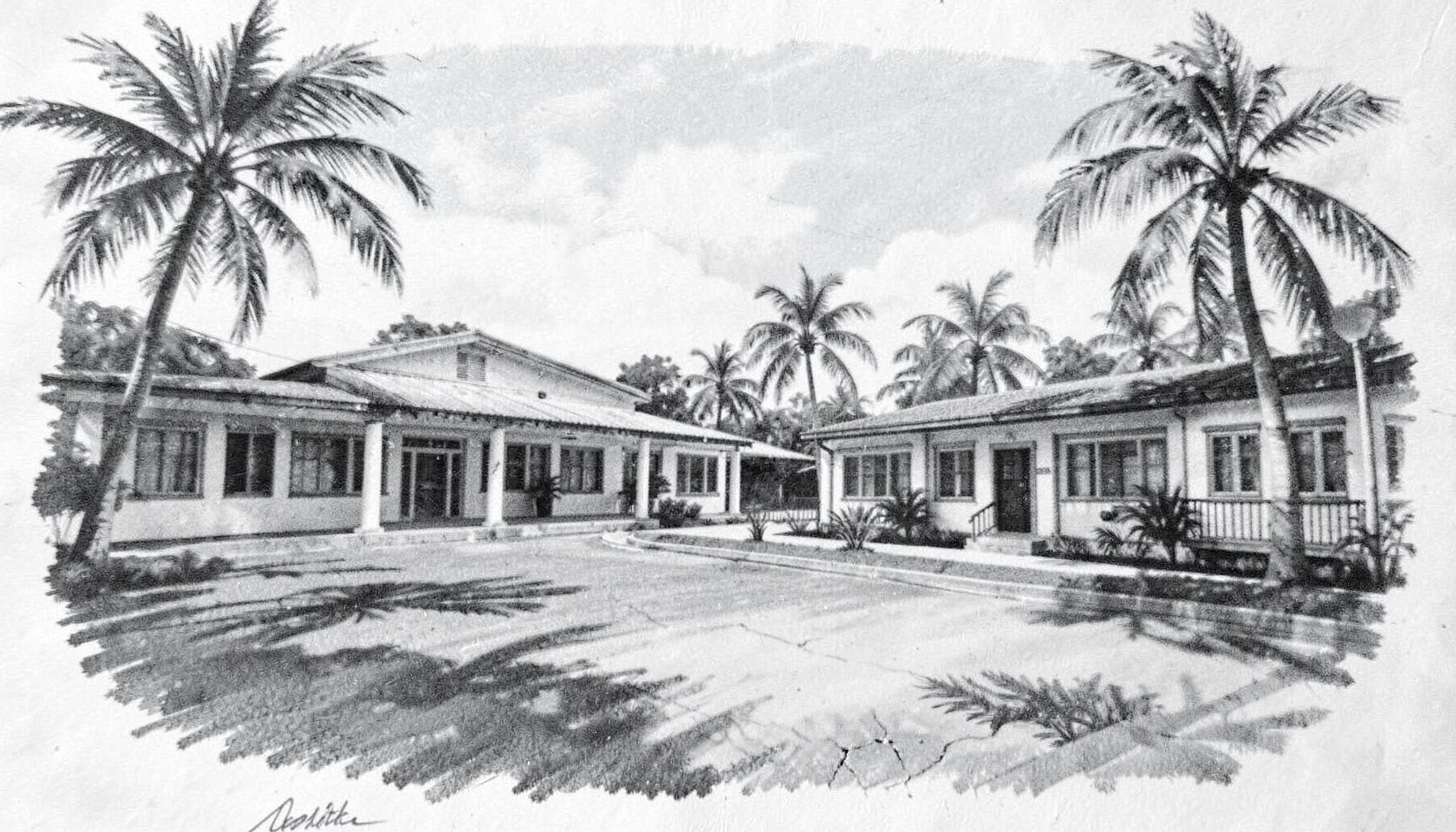 A charcoal drawing of a Caribbean medical school campus with low-rise buildings, palm trees, and bright tropical light rendered in soft grays and whites, suggesting a warm and welcoming academic environment.