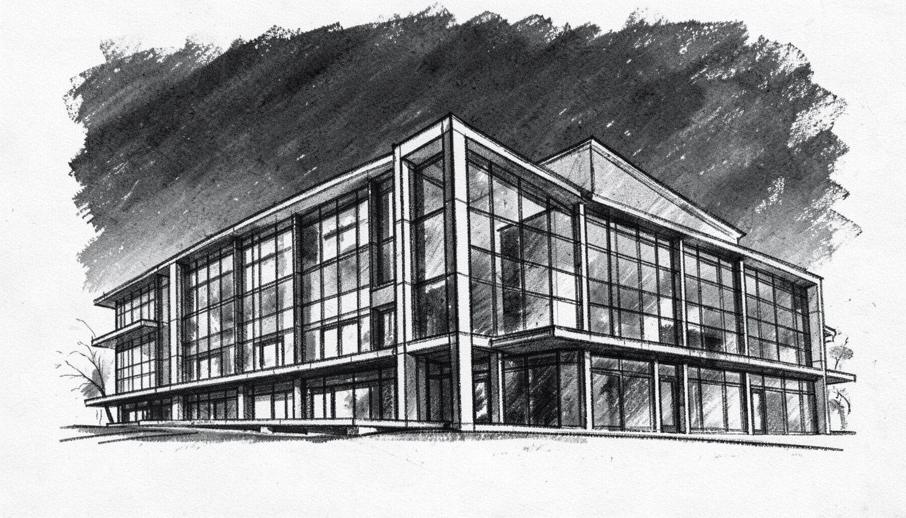 A bold charcoal sketch of a modern medical education building with glass facades and clean geometric lines, set against a dark gray sky, conveying a sense of innovation and academic rigor.