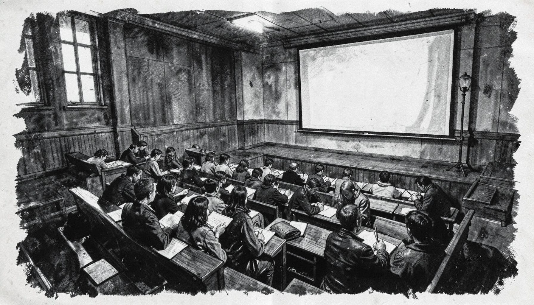 A charcoal-toned interior scene of a medical school lecture hall with tiered seating, a projection screen, and students taking notes, drawn in deep shadows and soft highlights.