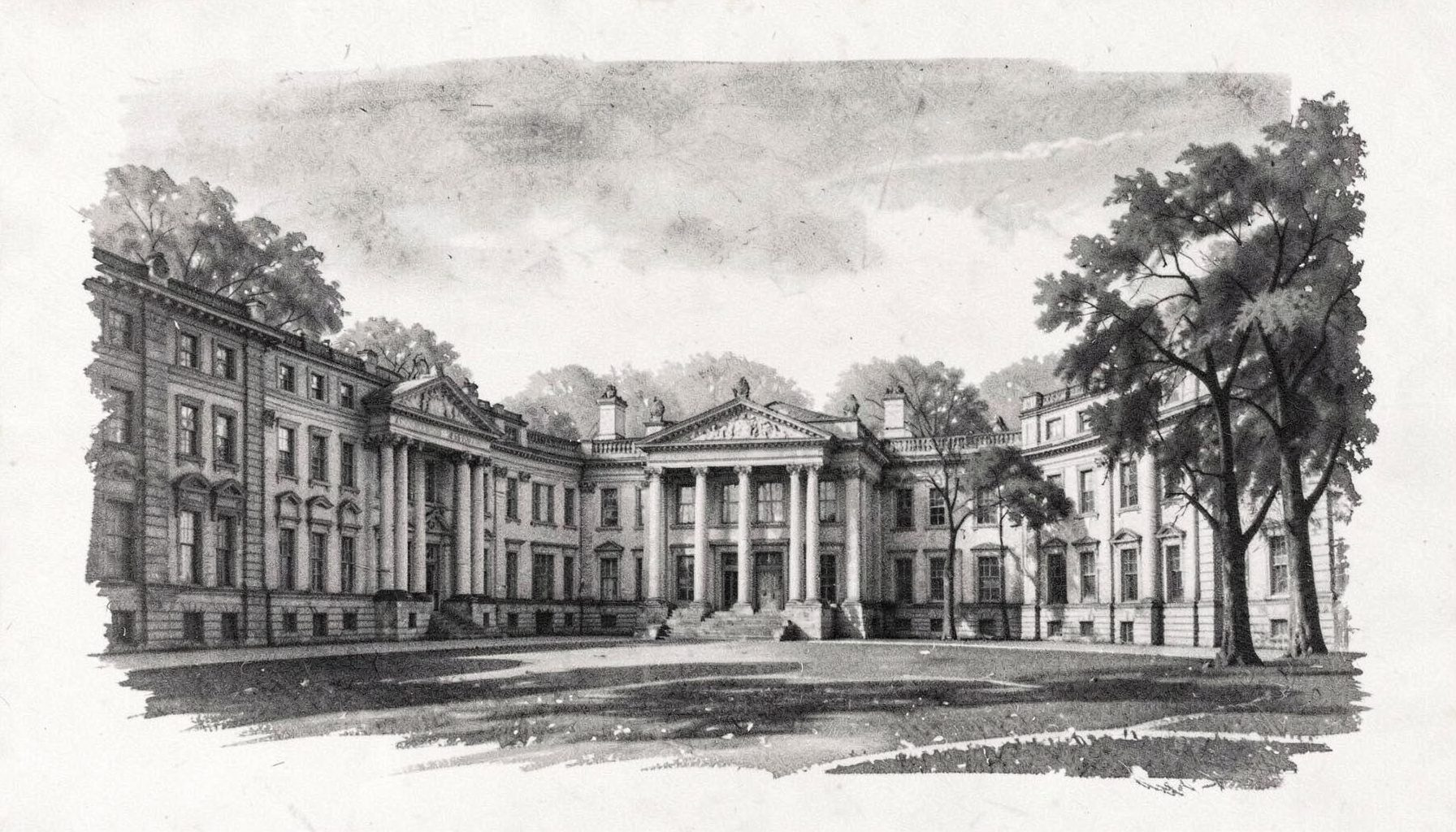 A wide charcoal-toned drawing of a stately university campus quadrangle with classical stone buildings, tall columns, and leafy trees under a soft overcast sky, rendered in deep grays and muted whites.