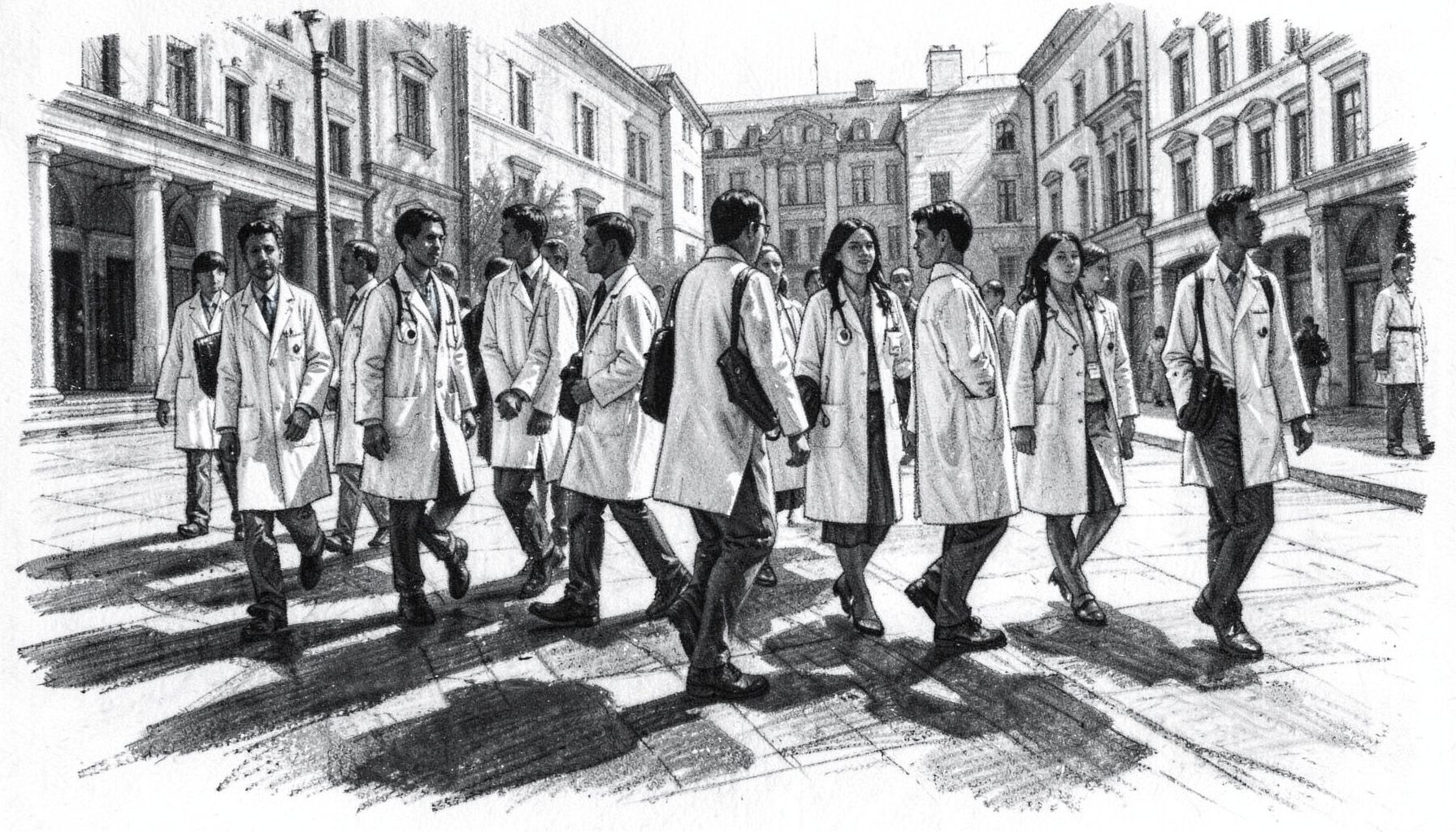 A charcoal drawing of a diverse group of medical students in white coats walking across a campus plaza, rendered in layered grays with strong directional light and long shadows.