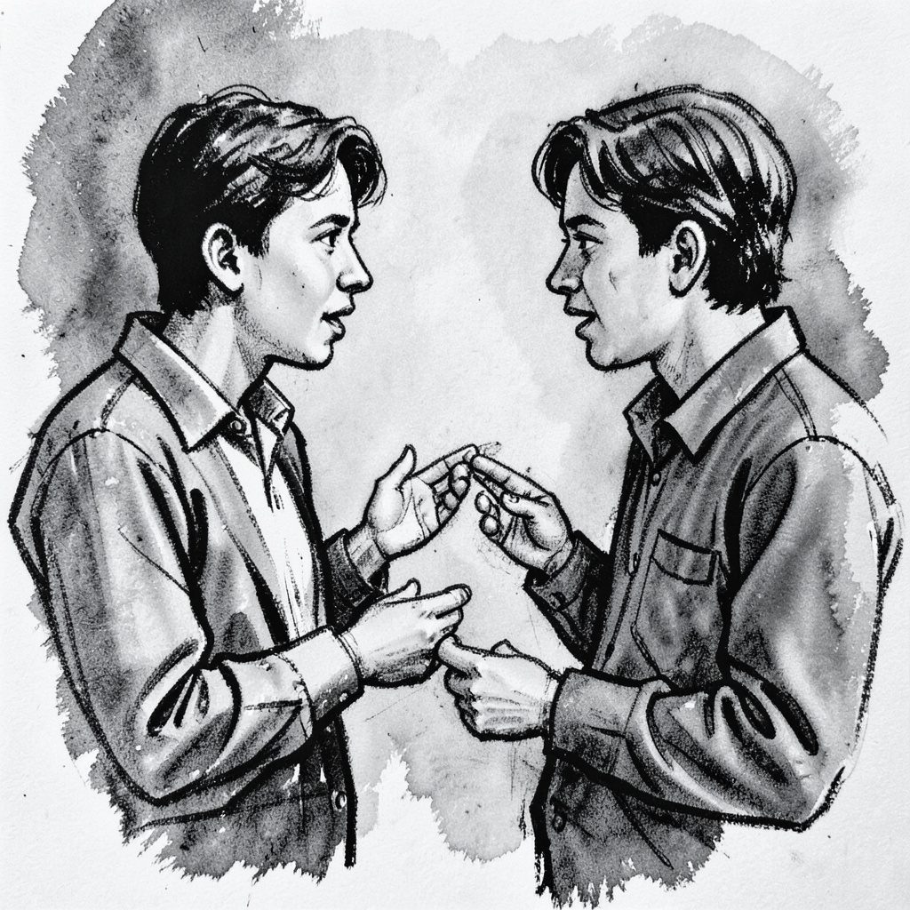 A bold charcoal drawing of two students in conversation, rendered with expressive dark lines and gentle gray washes, suggesting collaboration and mentorship.