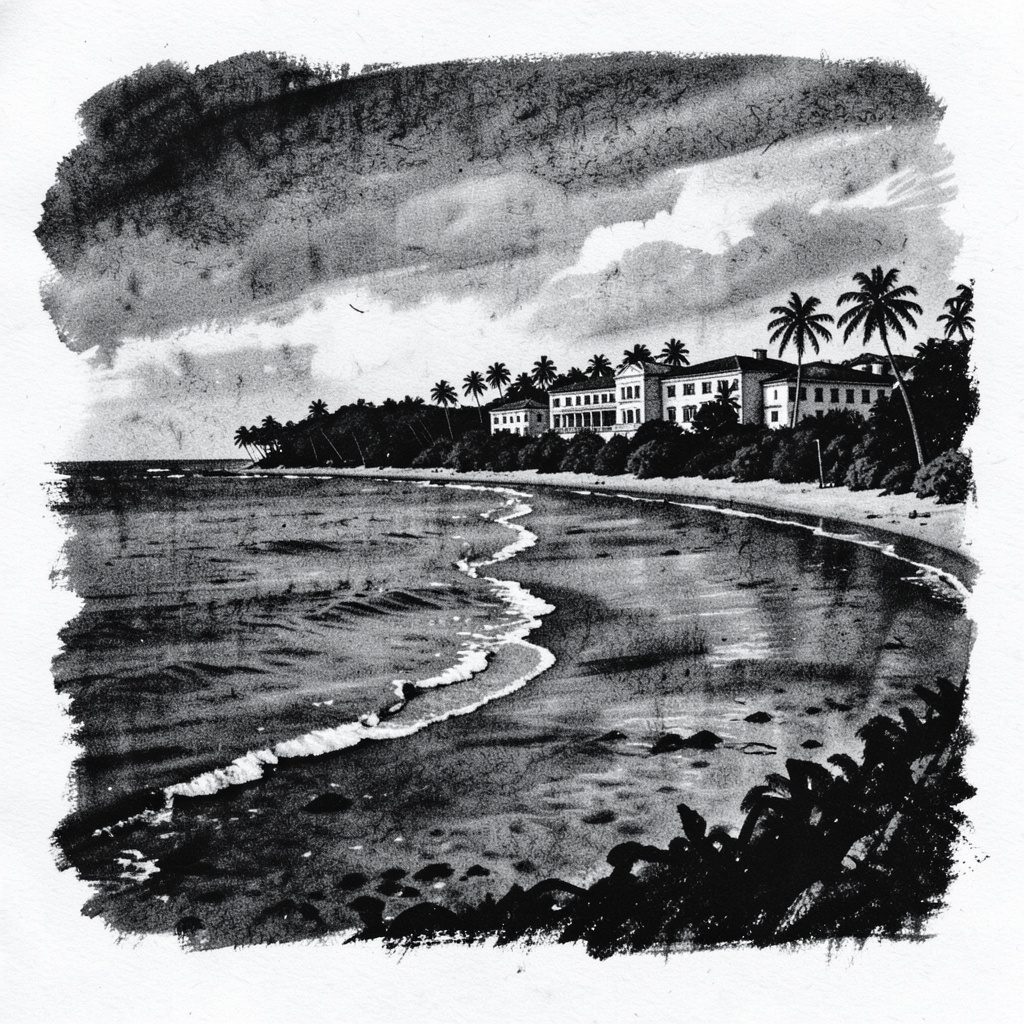 A bold charcoal illustration of a Caribbean coastline with a campus silhouette in the distance, using rich dark tones and soft atmospheric grays.