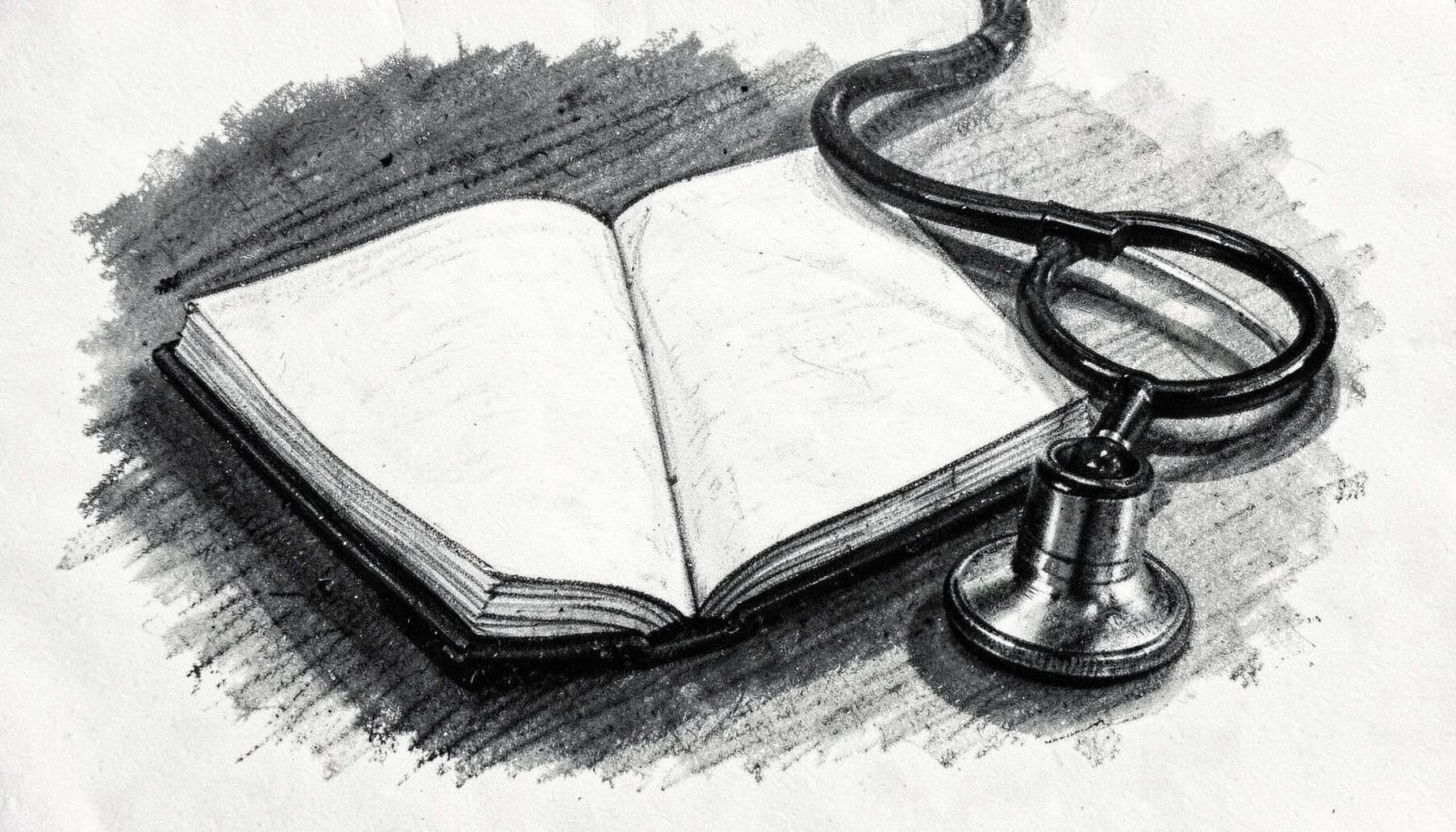 A bold charcoal drawing of an open notebook beside a stethoscope on a desk, with soft graphite shadows and a moody, contemplative atmosphere.