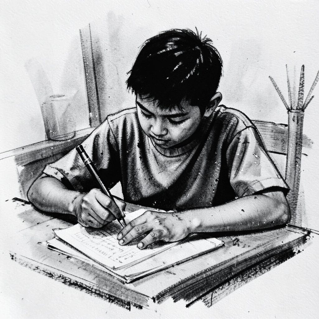 A bold charcoal sketch of a student writing at a desk, with deep black strokes and soft gray shading, conveying focus and determination.