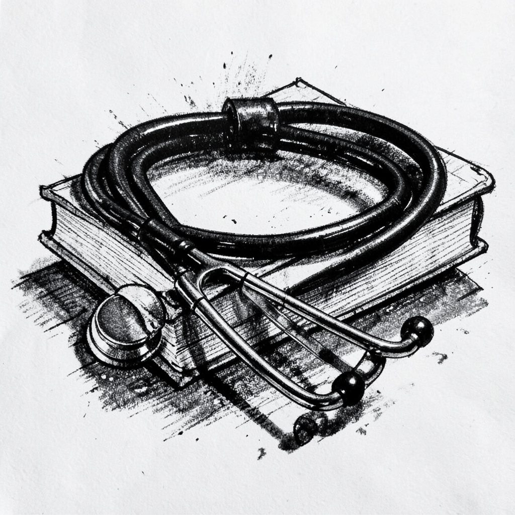 A bold charcoal drawing of a stethoscope draped over a stack of books, with strong contrast between dark instrument details and lighter page textures.