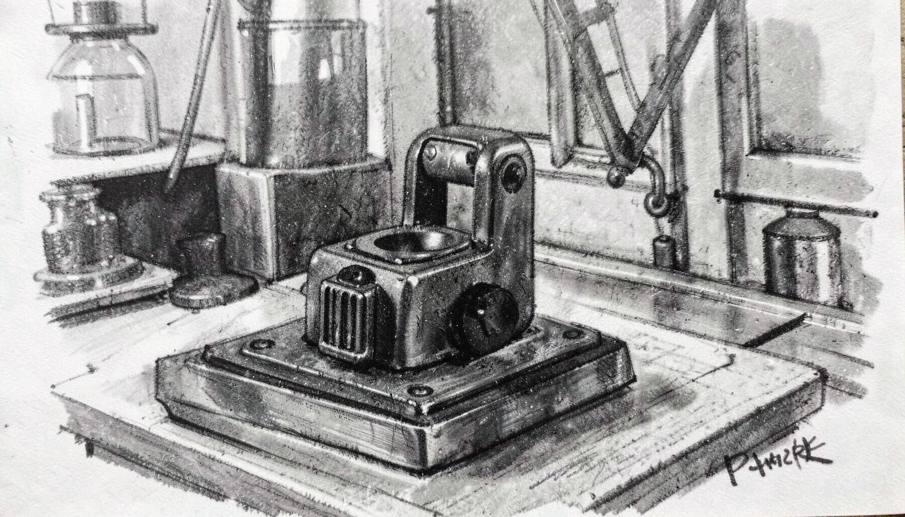 A close-up charcoal drawing of a compact micro force tester on a laboratory bench, with dark metallic grays and subtle highlights against a muted industrial background.