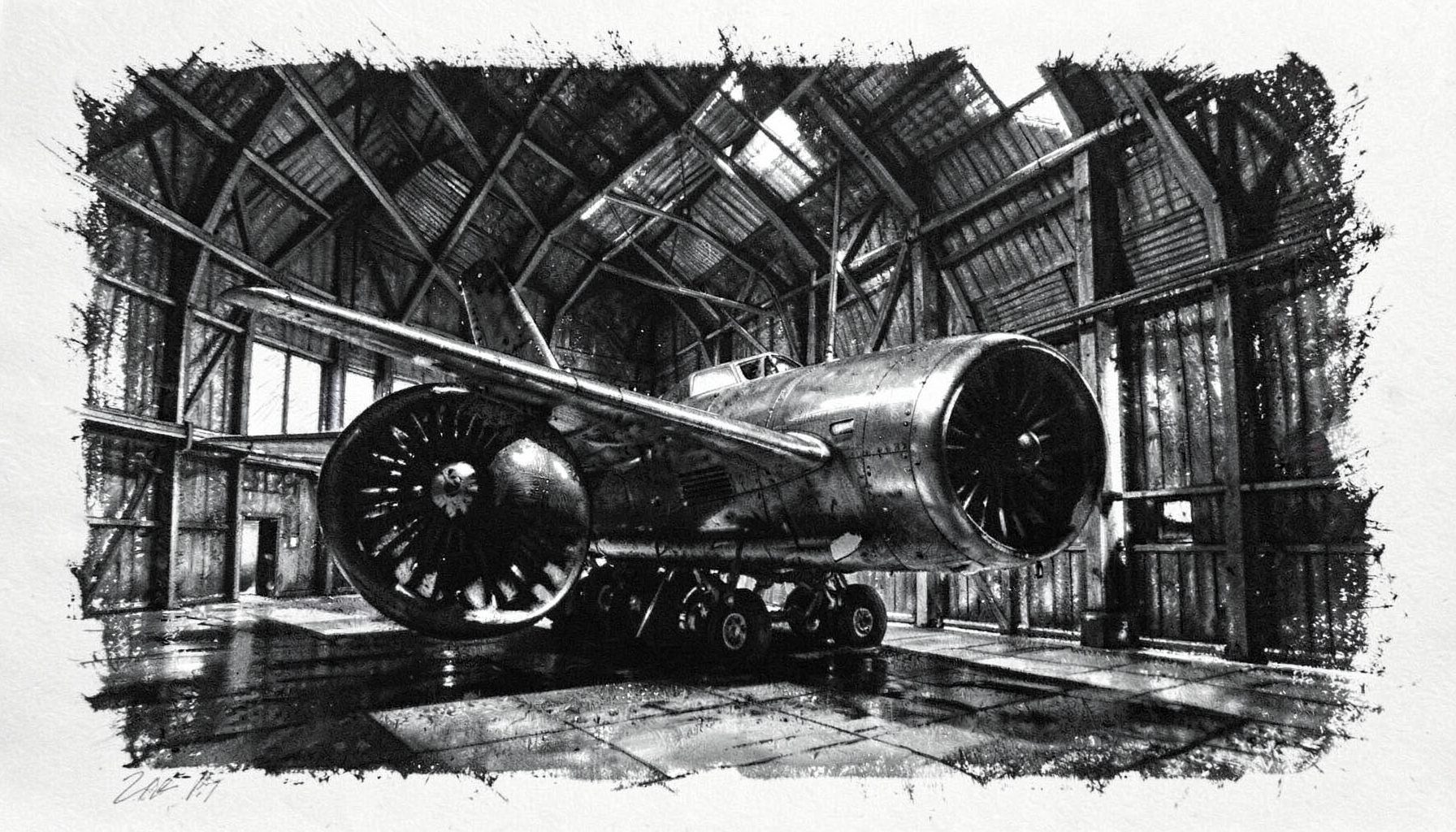 A bold charcoal drawing of an aircraft hangar interior with a jet engine partially exposed, dark metallic tones and deep shadows conveying precision engineering.